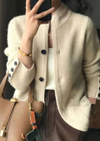 Women's Stand-Collar Cardigan in Textured Knit with Button Cuffs