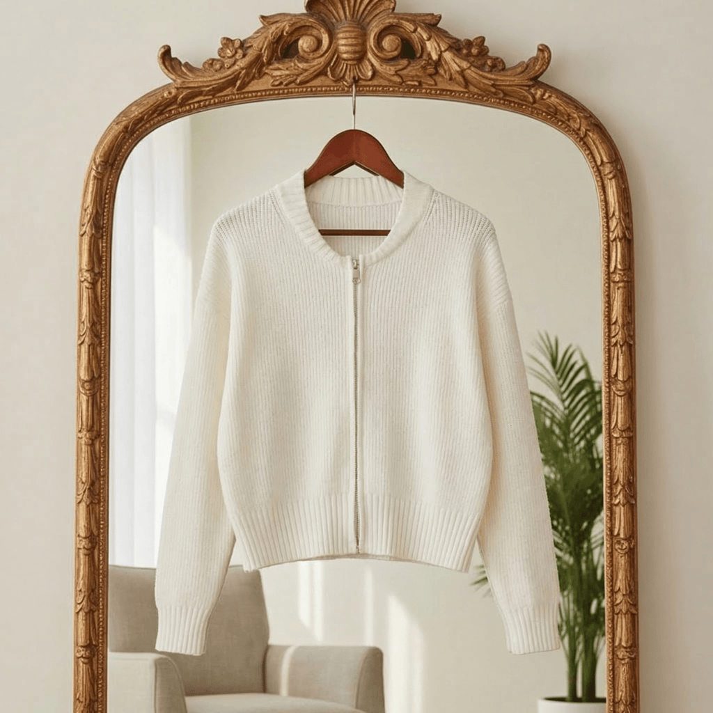 Women's Chunky Knit Zip-Up Cardigan with Bomber Collar and Ribbed Hem