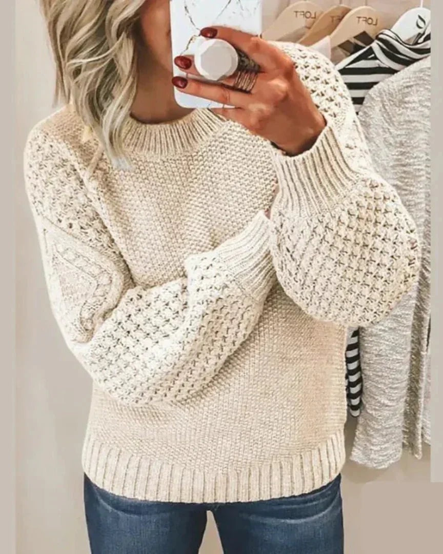 Hazel Textured Crewneck Knitted Sweater for Women with Puff Sleeves
