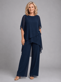 Women's Chiffon Co-ord Set with Layered Top and Wide-Leg Pants
