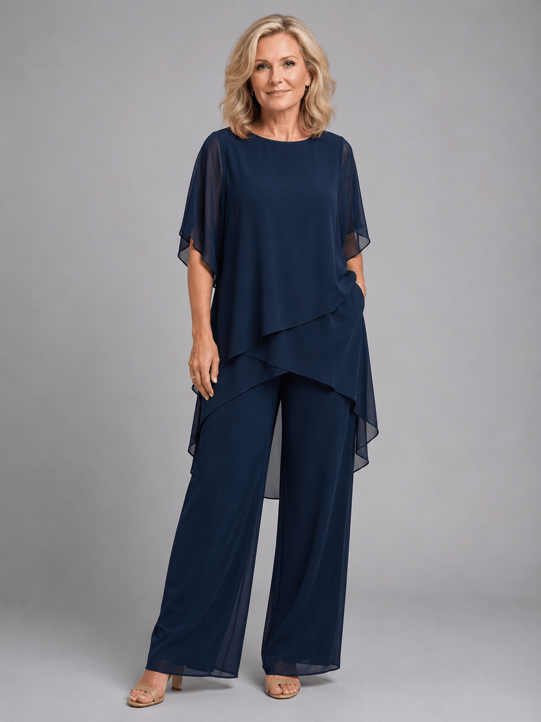 Women's Chiffon Co-ord Set with Layered Top and Wide-Leg Pants