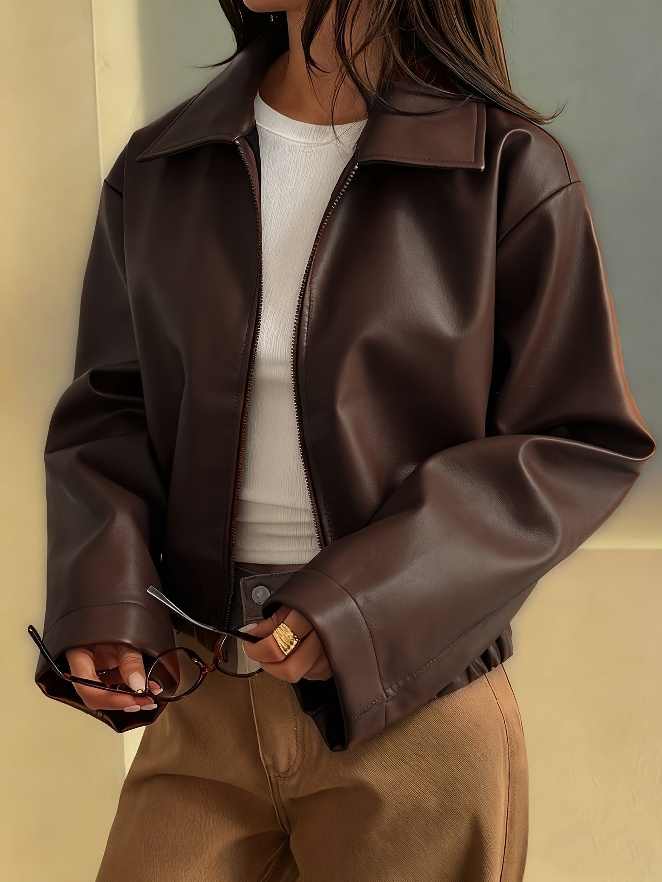Cropped Faux Leather Jacket with Collar and Zip Front for Women