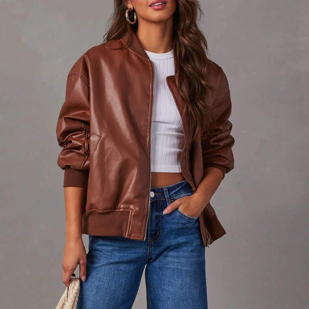 Oversized Faux Leather Bomber Jacket with Stand Collar and Ribbed Trim