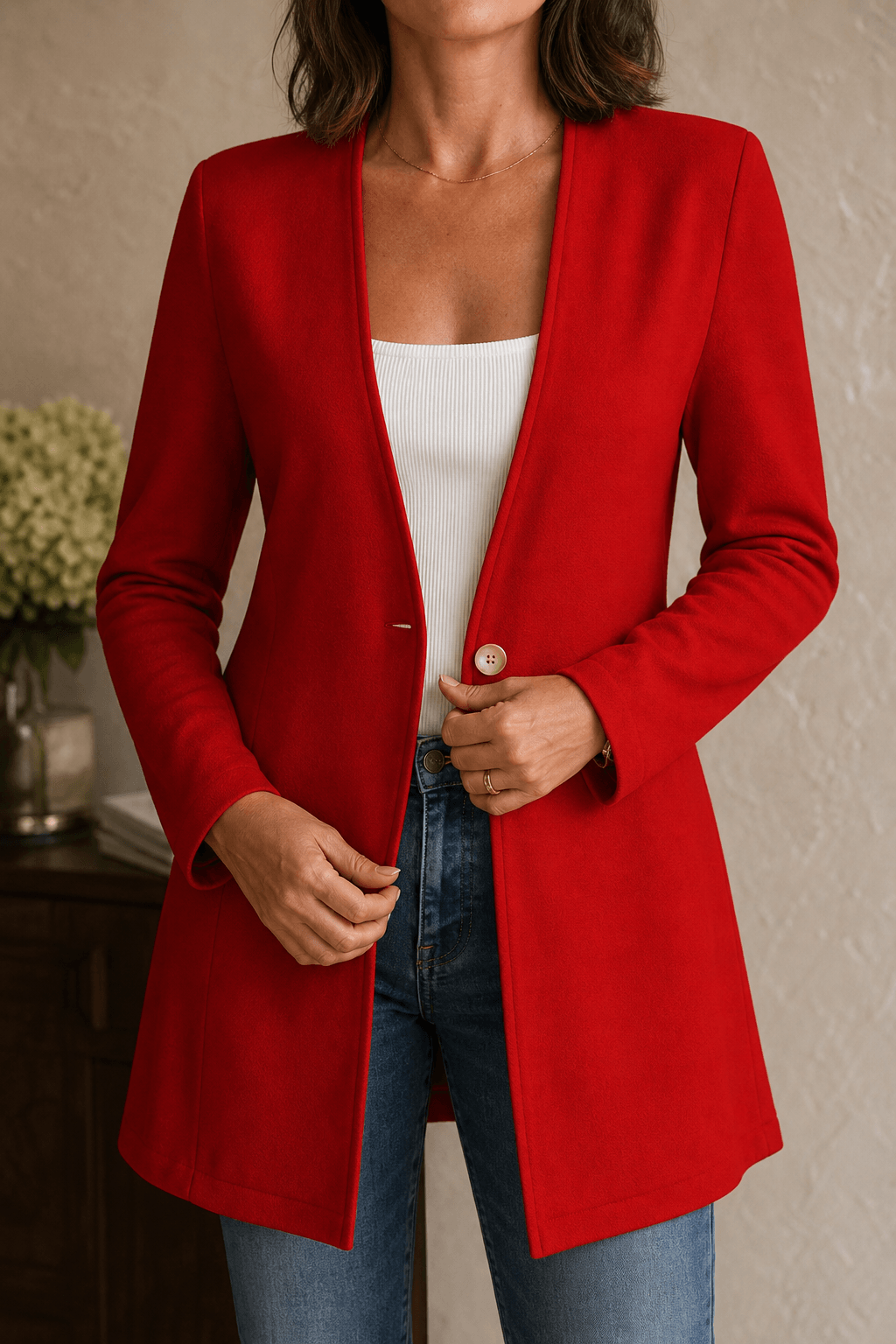 Linevalle Women's V-Neck Single-Button Longline Polyester Tailored Blazer
