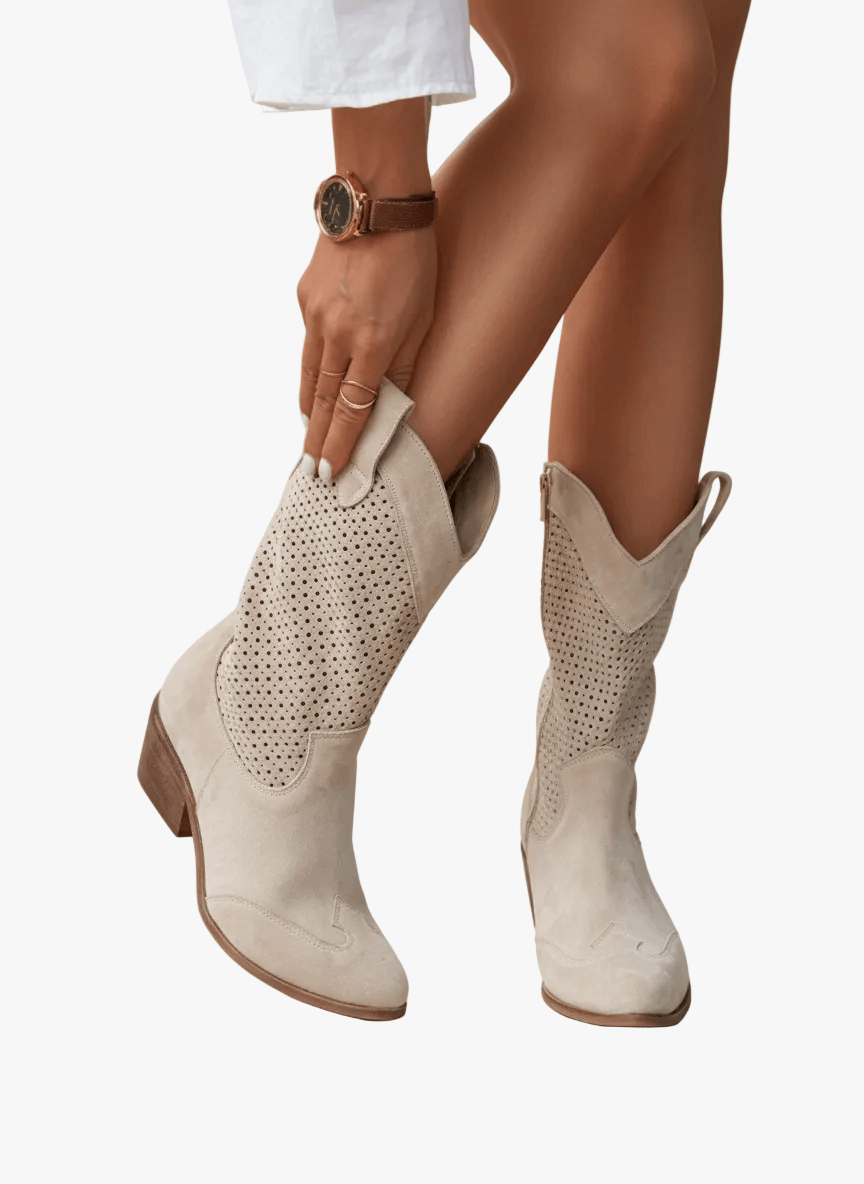 Perforated Faux Suede Western Womens Boots with Side Zipper Ankle Design