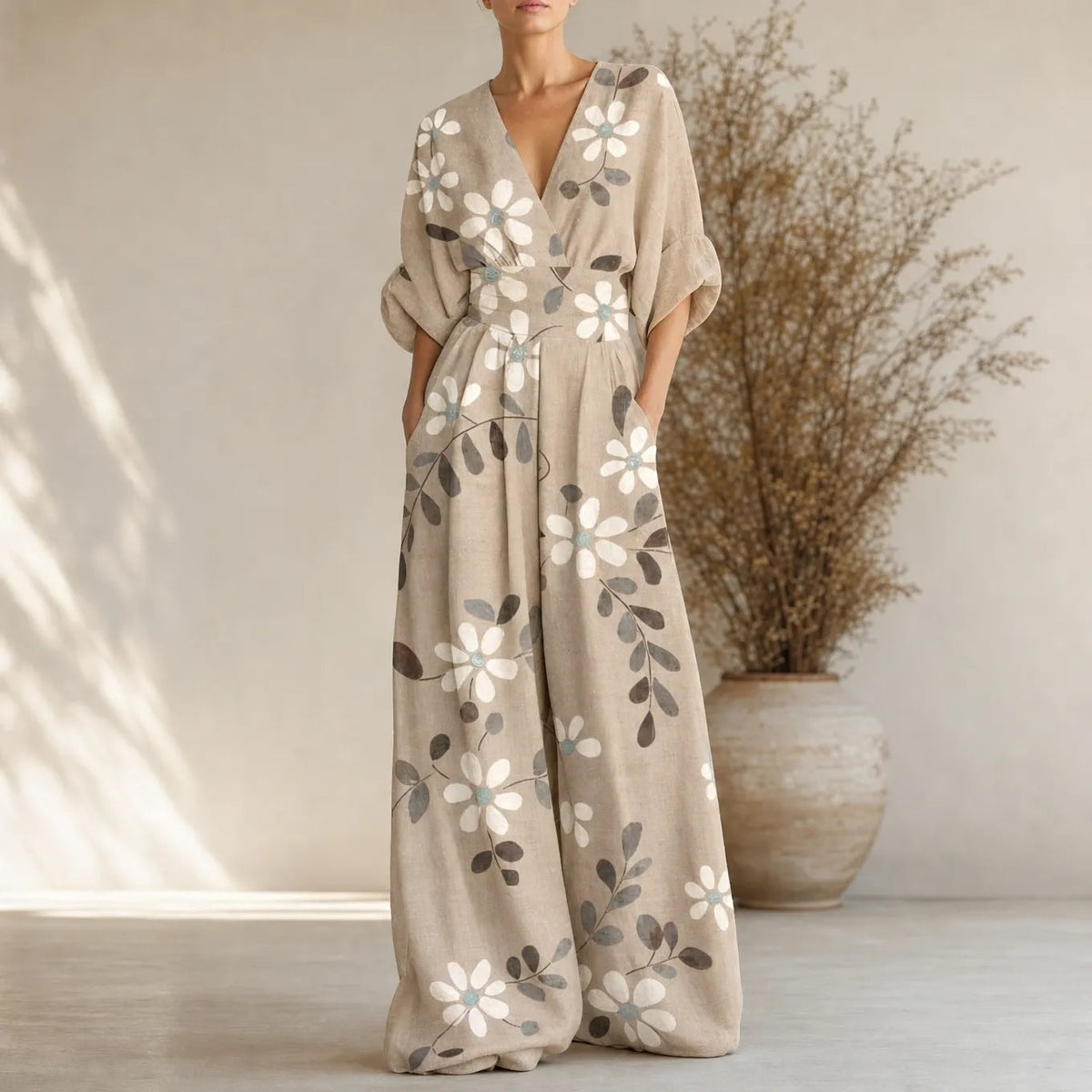 Floral Wide-Leg Jumpsuit with Cinched Waist in Place of a Two-Piece Set