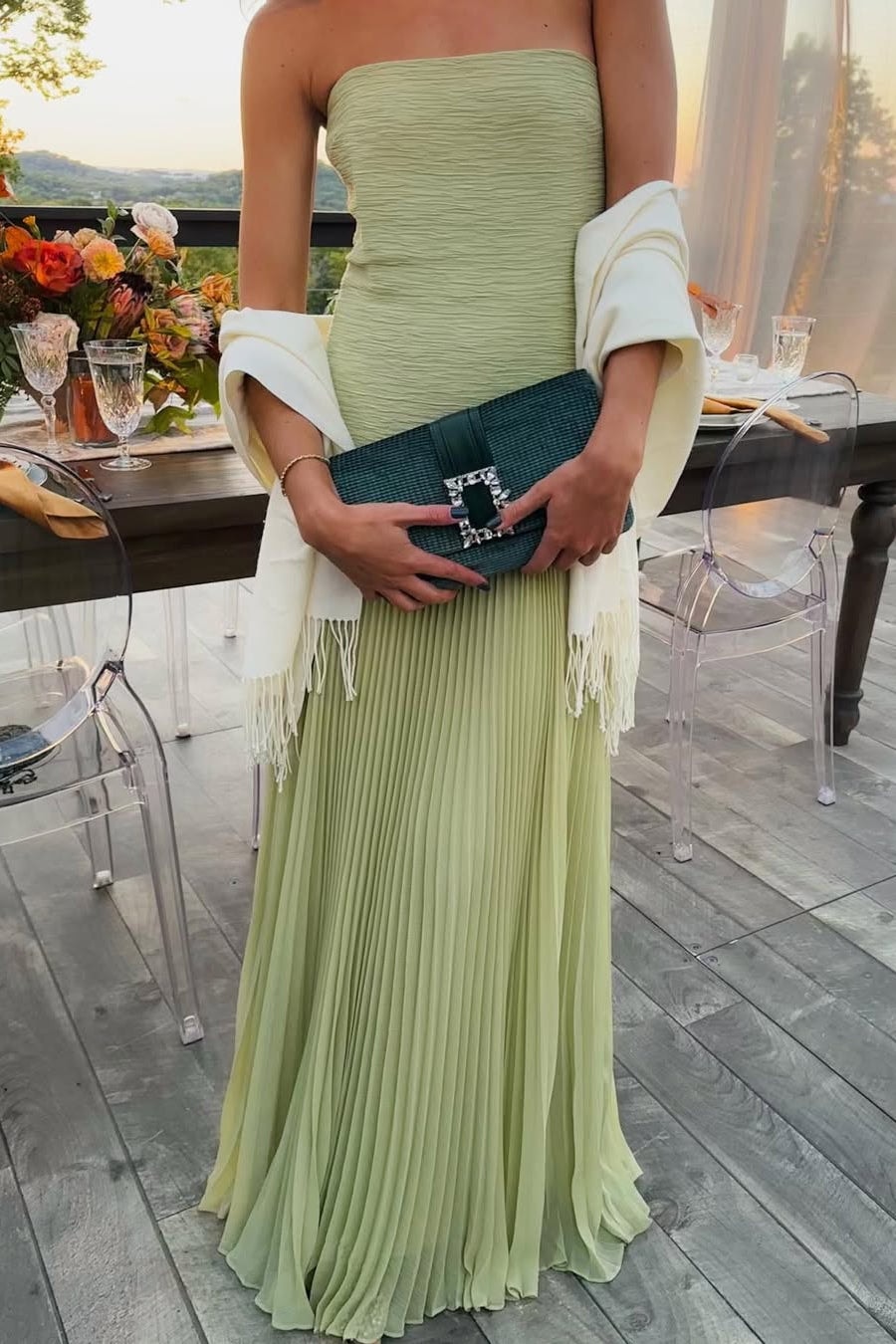 Strapless Pleated Maxi Dress for Fall Wedding Guest Occasions