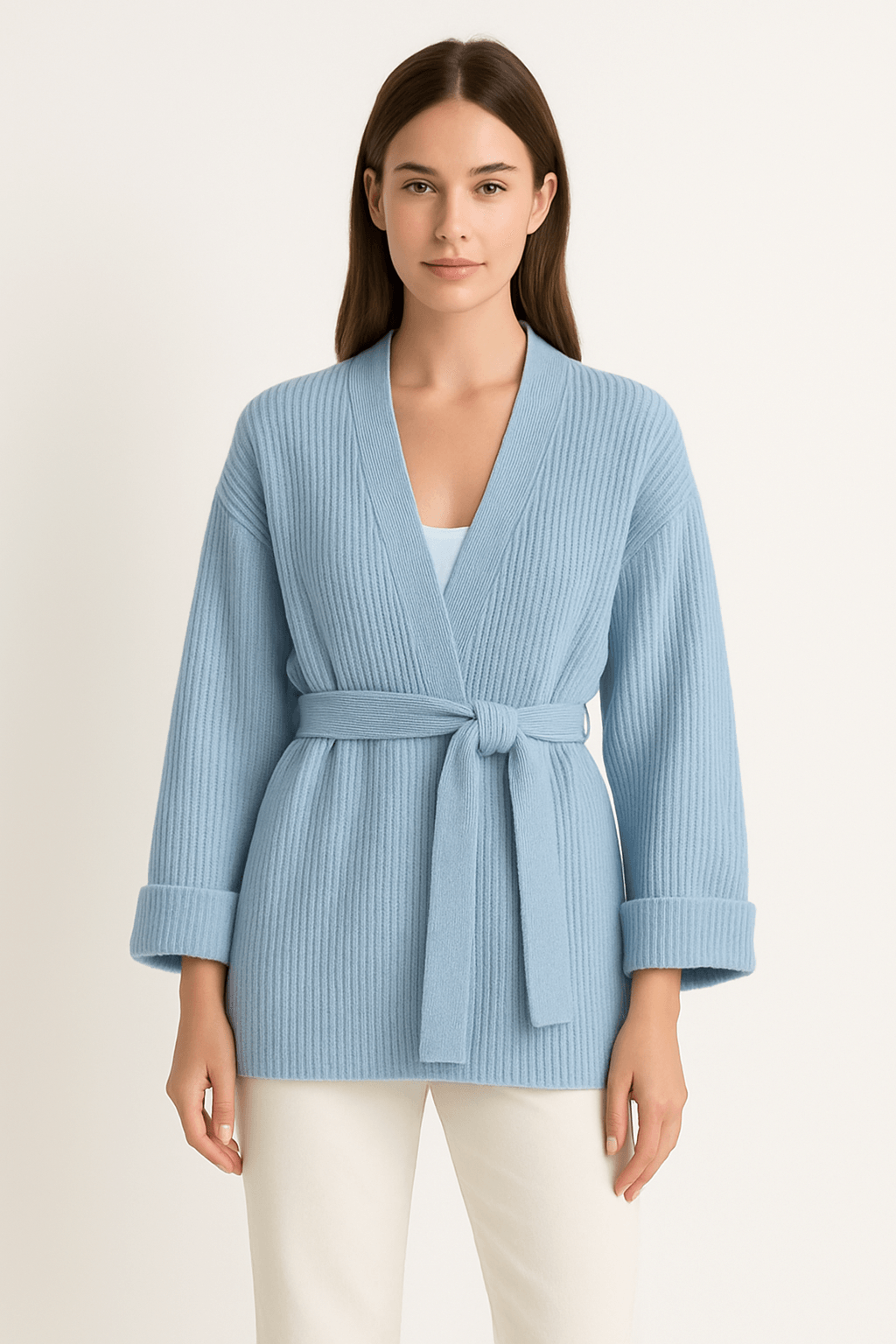 Women's Belted Knit Wrap Cardigan with Cuffed Sleeves and V-Neck
