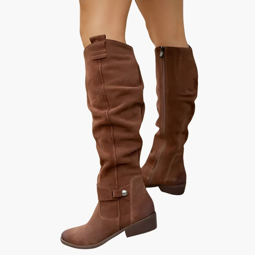Suede Knee-High Black Boots for Women with Block Heel and Side Zip