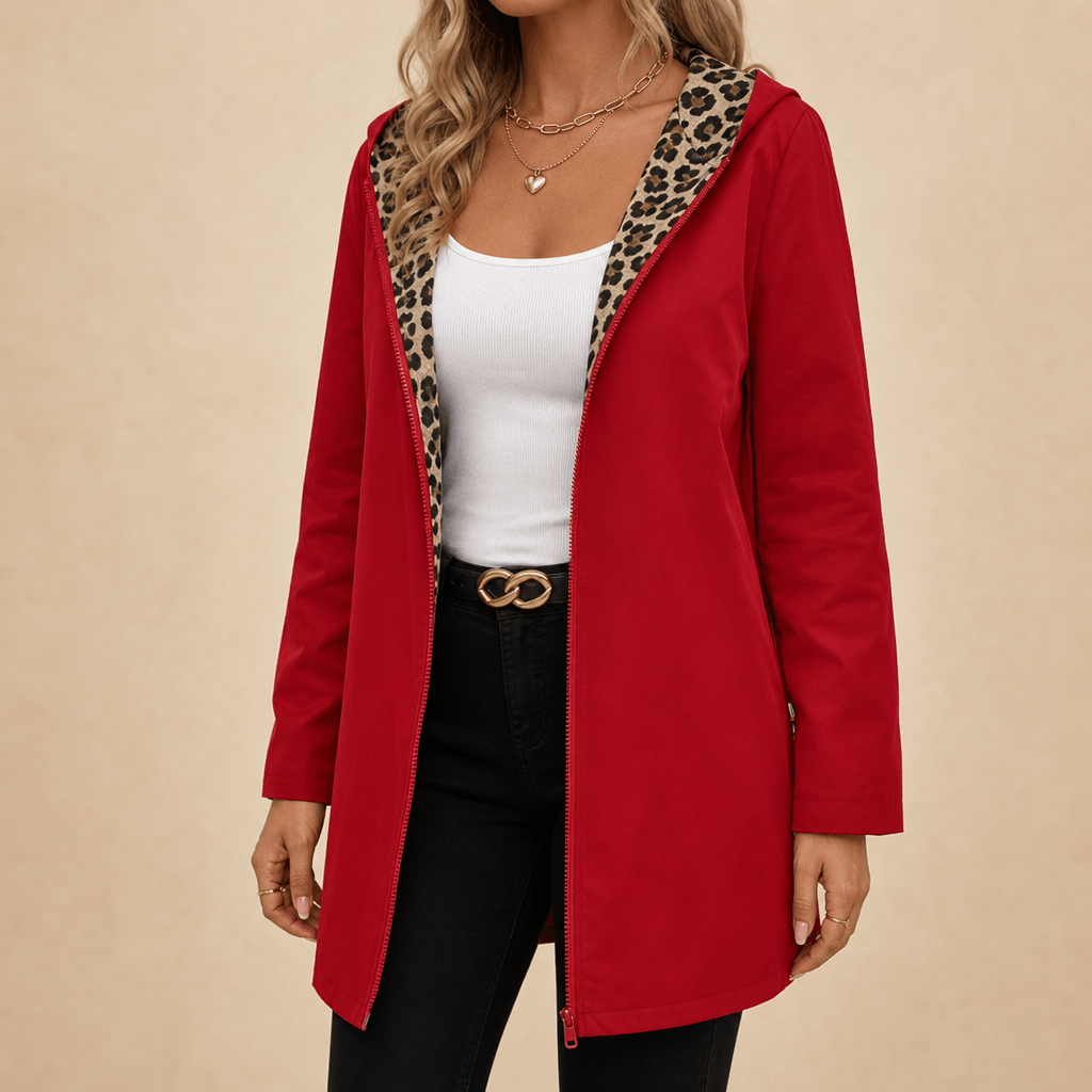 Women's Reversible Leopard Print Hooded Winter Coat with Solid Reverse Side