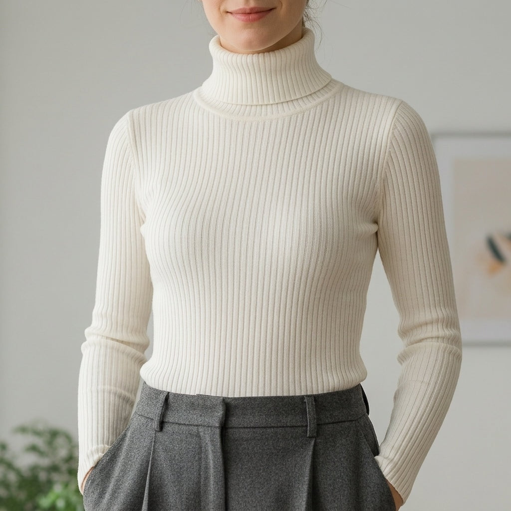 Women's Ribbed Knit Turtleneck Sweater with Long Sleeves and Slim Fit