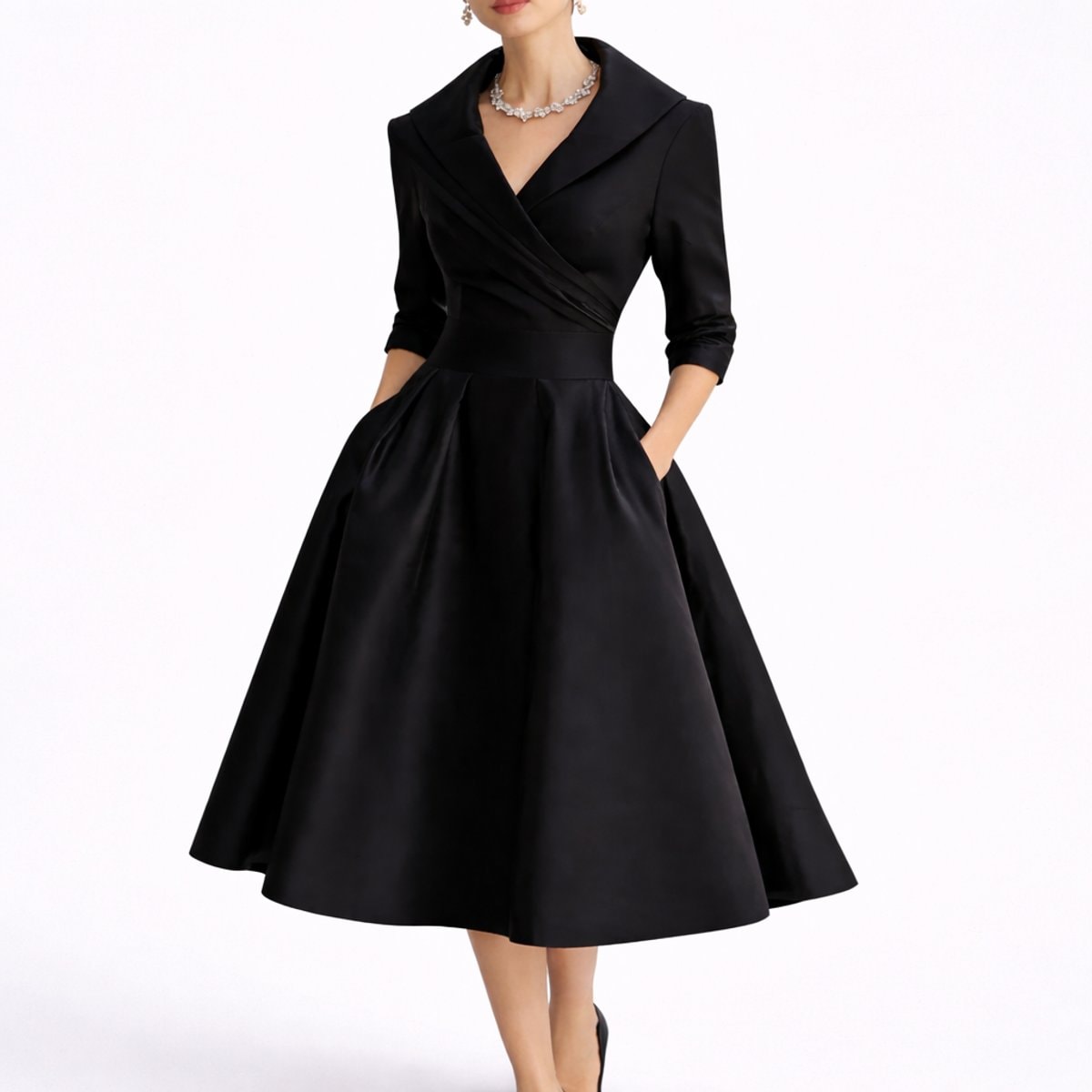 Women's Wrap-Front A-Line Midi Dress with Wide Collar and Side Pockets