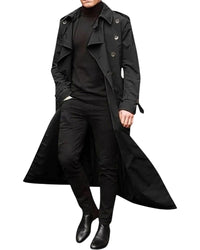 Men's Long Trench Coat with Double-Breasted Front and Water-Repellent Finish