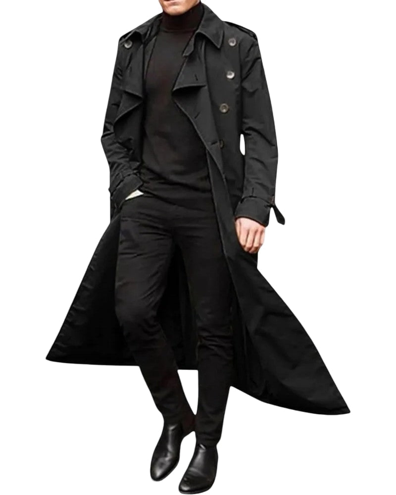 Men's Long Trench Coat with Double-Breasted Front and Water-Repellent Finish