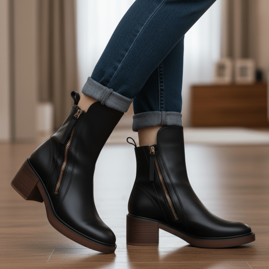 Women's Round-Toe Vegan Leather Ankle Boots with Block Heel and Side Zip