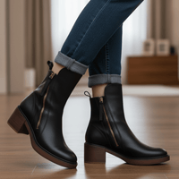 Women's Round-Toe Vegan Leather Ankle Boots with Block Heel and Side Zip