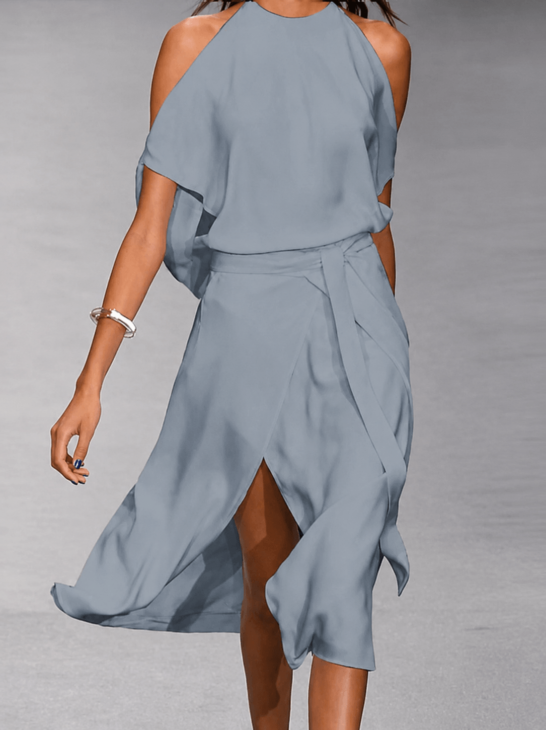 Asymmetric Open Shoulder Midi Dress with Tie Waist for Cheap Bridesmaid Dresses