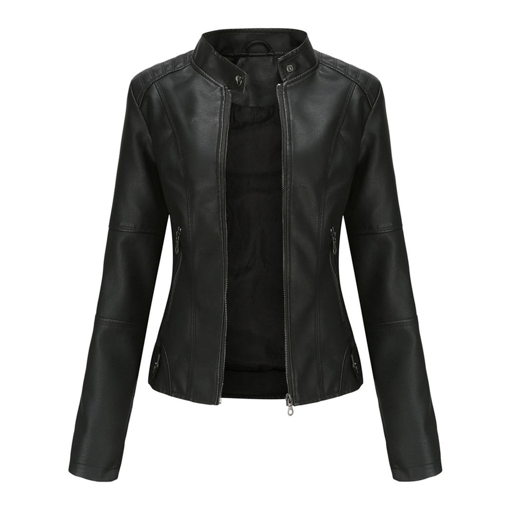 Fitted Faux Leather Moto Jacket with Zip Pockets for Women's Fall Layering