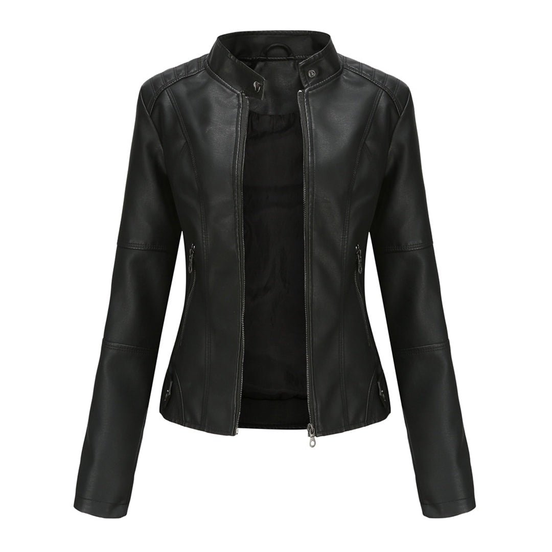 Fitted Faux Leather Moto Jacket with Zip Pockets for Women's Fall Layering