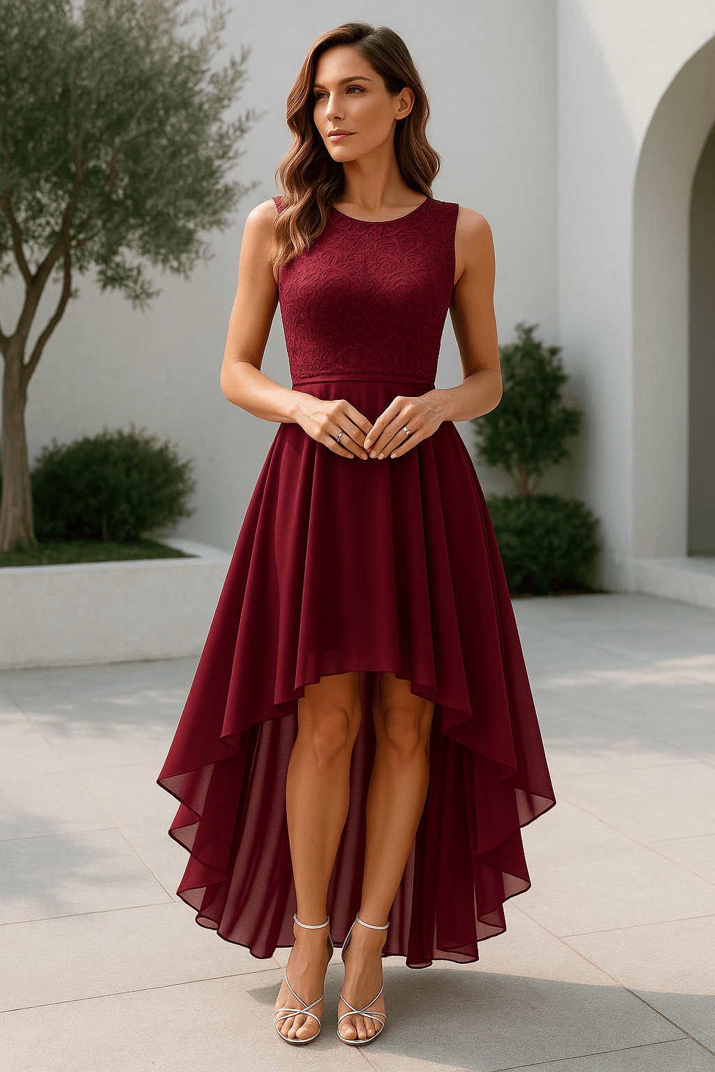 Women's High-Low Lace Bodice Evening Gown with Flowing Skirt