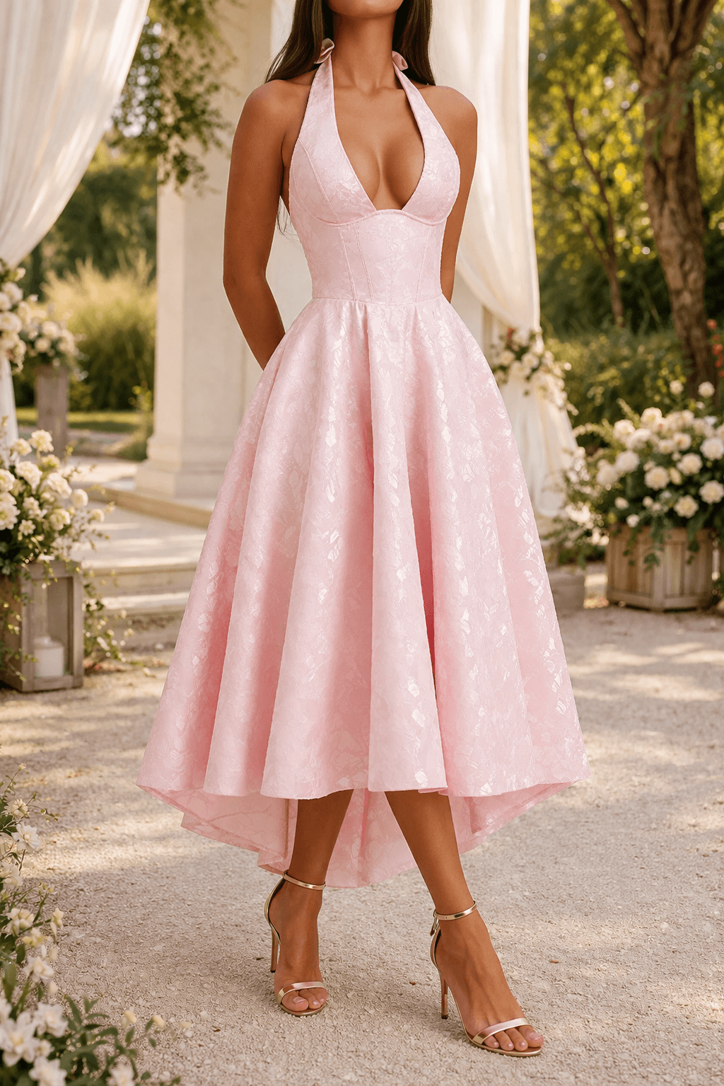 Cheap Bridesmaid Dresses Halter Neck Jacquard Midi Style for Fall Wedding Guest Occasions