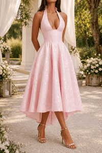 Halter Neck Jacquard Midi Bridesmaid Dress for Fall Wedding Guests
