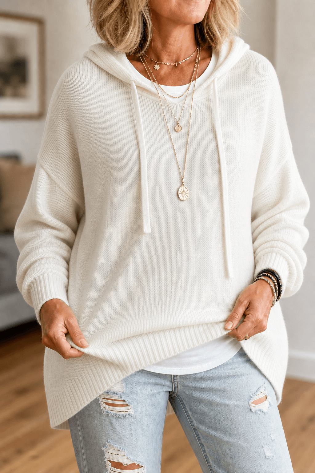 Women's Oversized Hooded Knitted Sweater with Drawstring