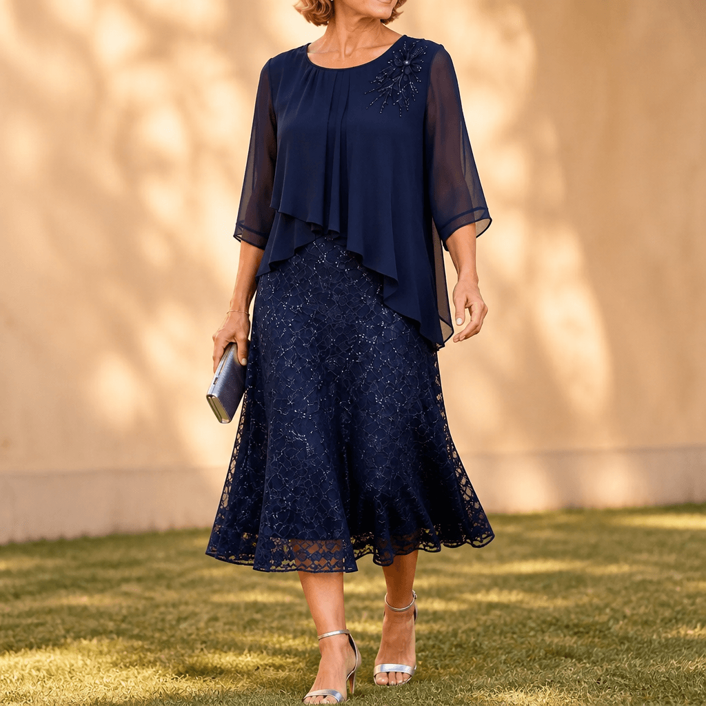 Elavine Floral Lace Overlay Chiffon Women's Midi Dress with Sheer Sleeves
