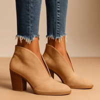 Women's Slip-On V-Cut Ankle Boots with Block Heel and Pointed Toe