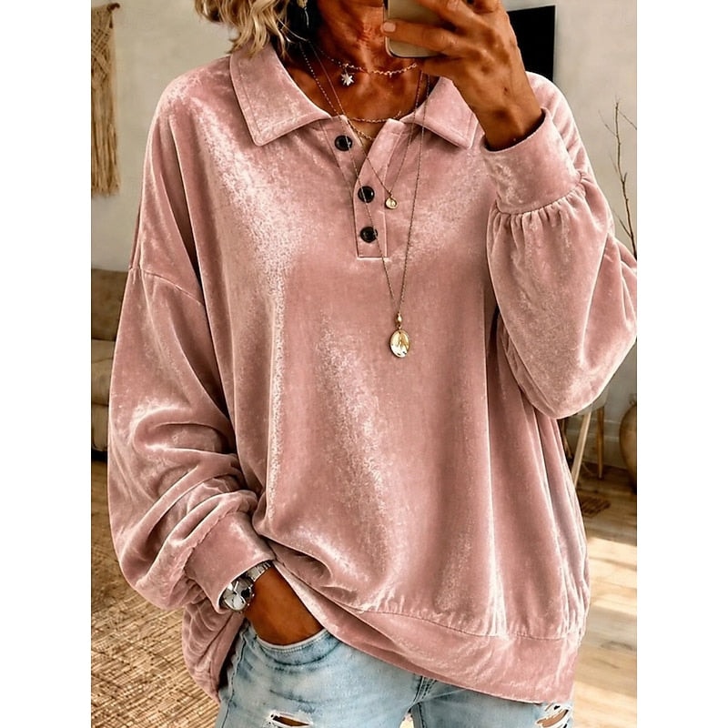Women's Collared Sweater with Oversized Drop Shoulders and Button Placket
