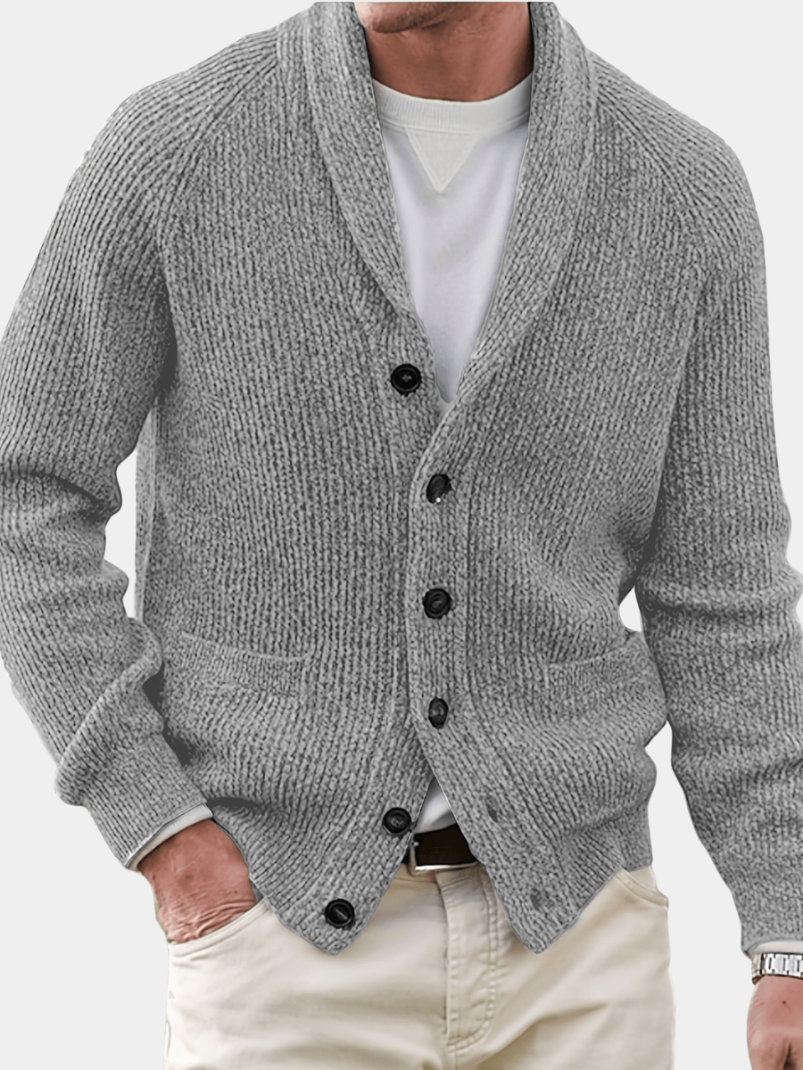 Men's Loose-Fit Ribbed Knit Shawl Collar Cardigan with Button Front and Pockets