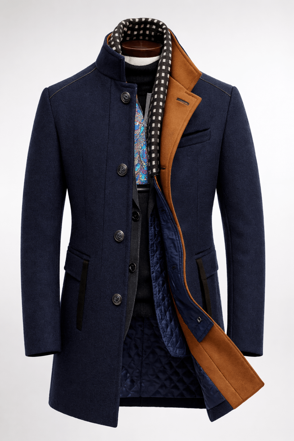 Men's Tailored Wool-Blend Winter Coat with Stand Collar