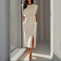 Women's Structured Polyester Blend Midi Fall Dress with Side Button Detail