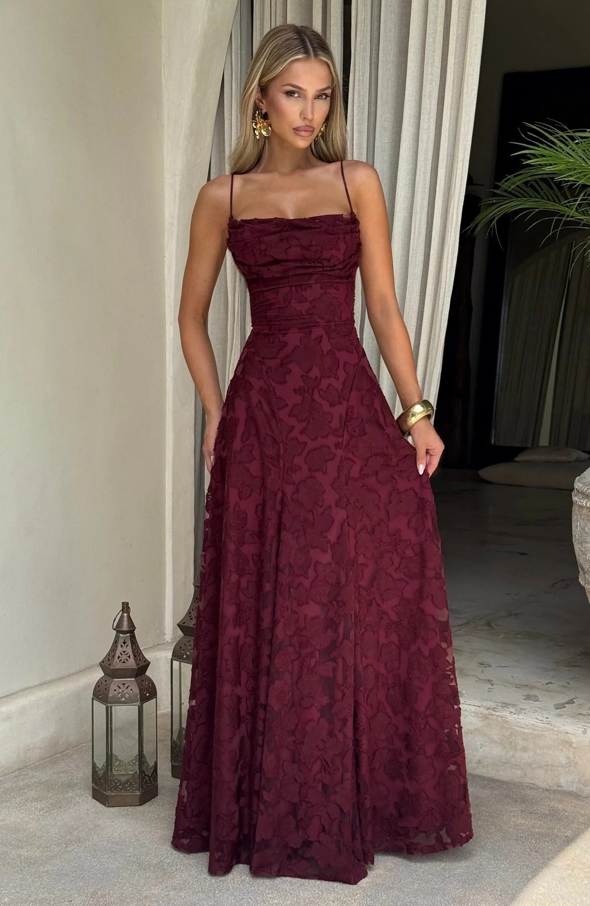 Floral Textured Maxi Dress for Fall Wedding Guest Occasions