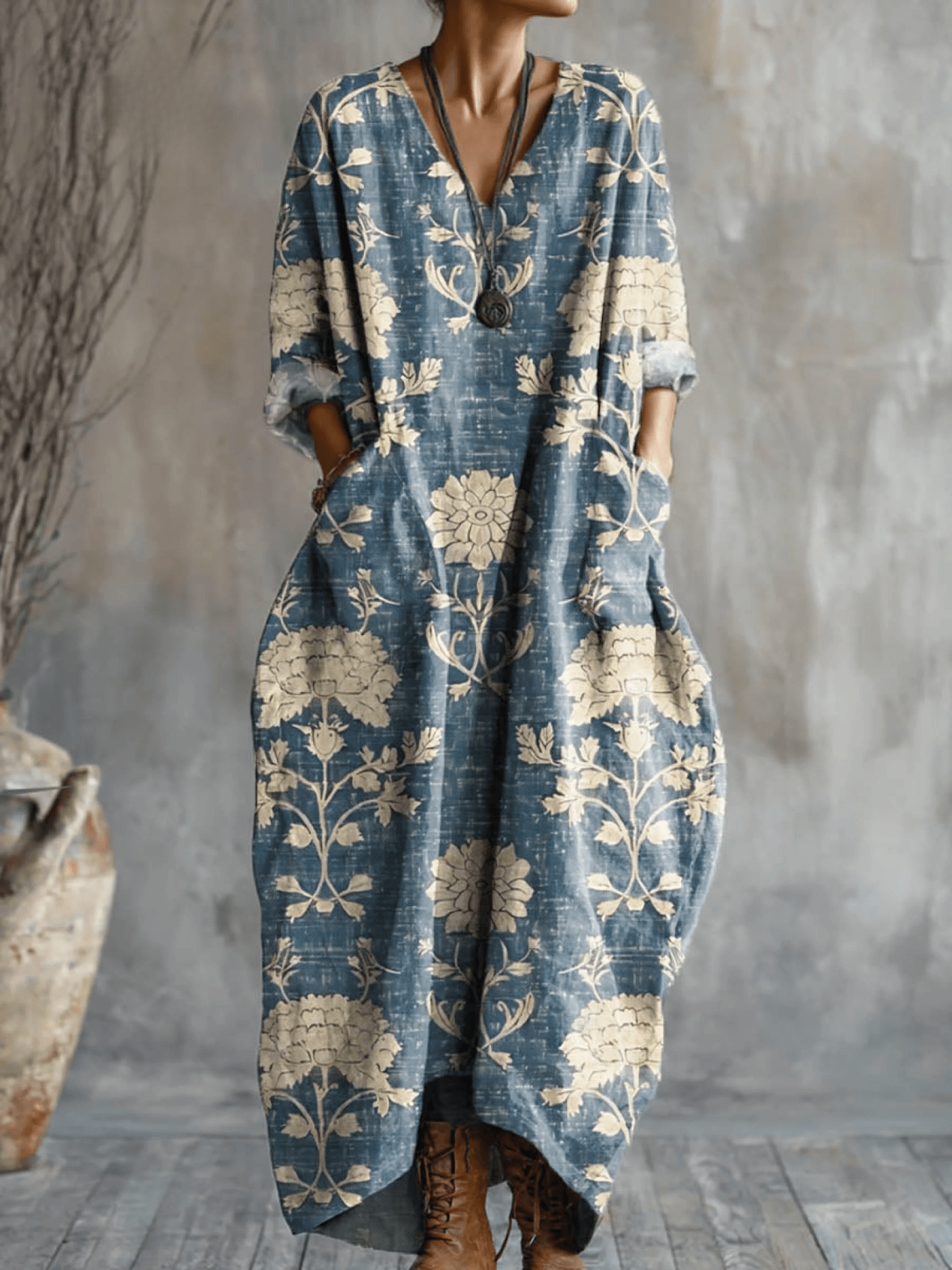 Vintage Floral Print Pocket V-Neck Fall Dresses for Women
