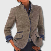 Women's Stand Collar Wool Tailored Blazer with Contrast Trim