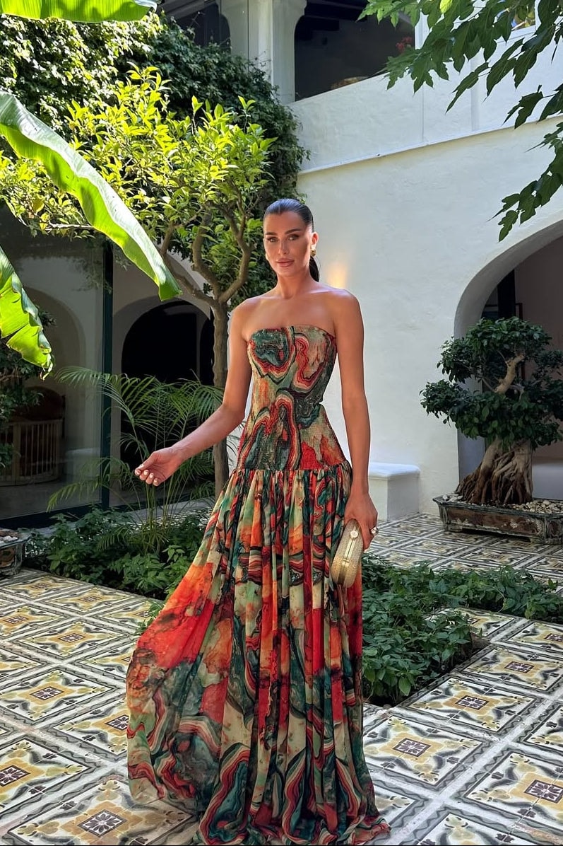 Strapless Pleated Maxi Dress for Homecoming Dresses and Fall Weddings