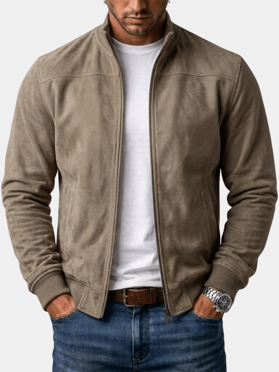 Men's Zip-Up Bomber Jacket in Suede with Stand Collar and Ribbed Hem