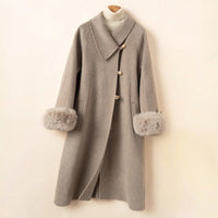 Women's Long Wool Winter Coat with Faux Fur Cuffs and Oversized Collar