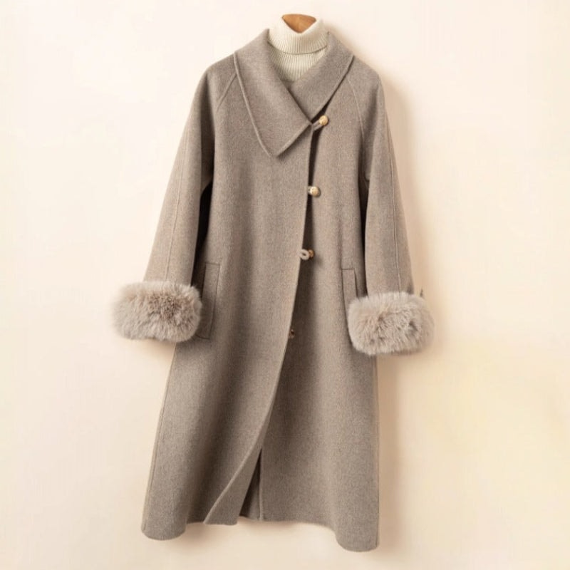 Women's Long Wool Winter Coat with Faux Fur Cuffs and Oversized Collar