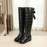 Velura Women's Black Fleece-Lined Quilted Over-the-Knee Boots with Drawstring Bow Detail