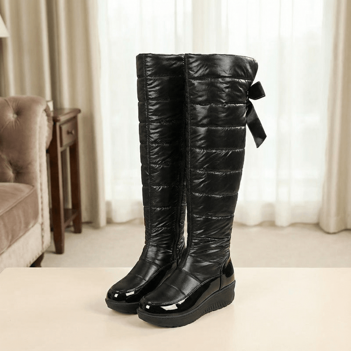 Velura Women's Black Fleece-Lined Quilted Over-the-Knee Boots with Drawstring Bow Detail