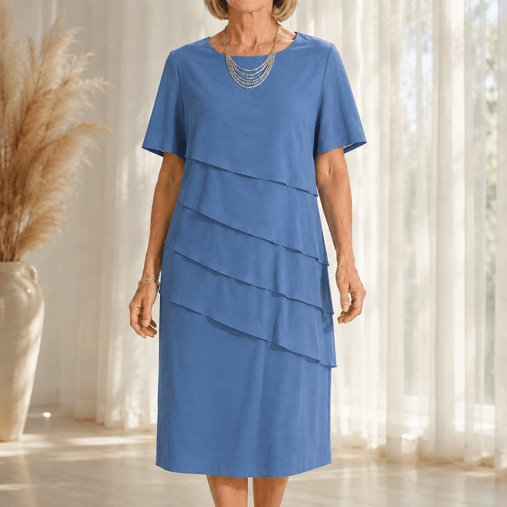 Florenza Tiered Asymmetric Chiffon-Like Women's Midi Dress with Flutter Sleeves