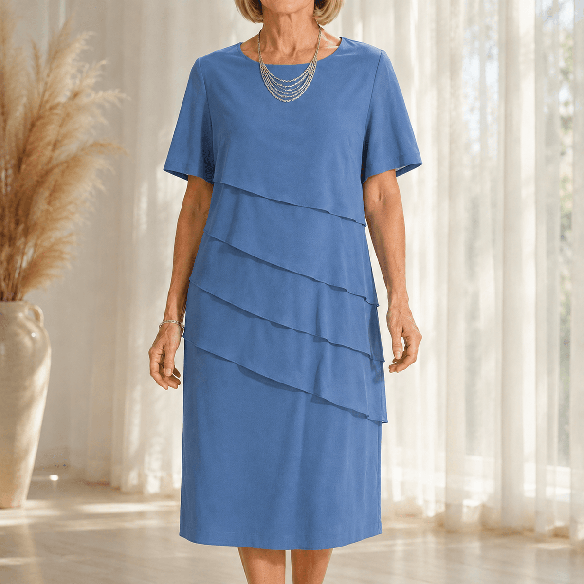 Florenza Tiered Asymmetric Chiffon-Like Women's Midi Dress with Flutter Sleeves