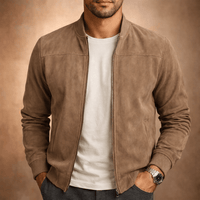 Suede Bomber Jacket for Men with Ribbed Collar and Cuffs