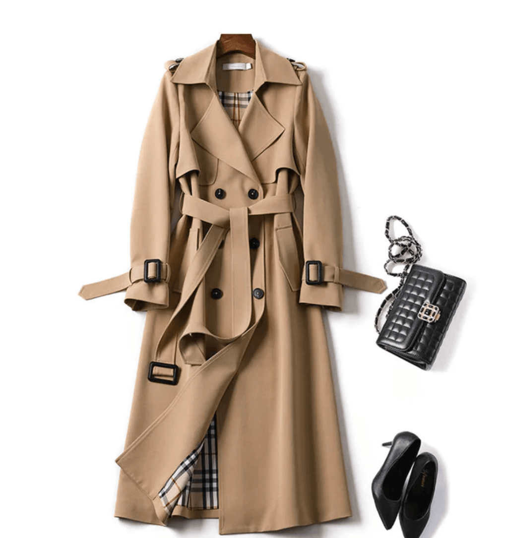 Double-Breasted Belted Trench Coat with Classic Lapel Collar