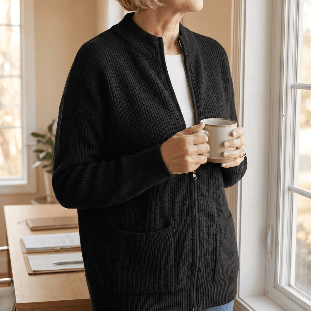 Covena Women's Ribbed Knitted Cardigan Sweater with Zip-Up Pockets