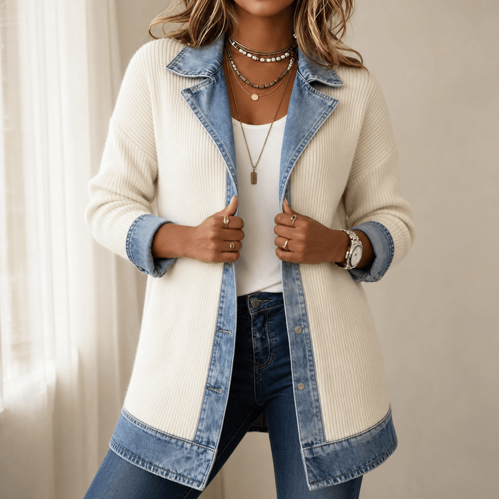 Women's Ribbed Knit Longline Sweater Cardigan with Denim Panel Trim