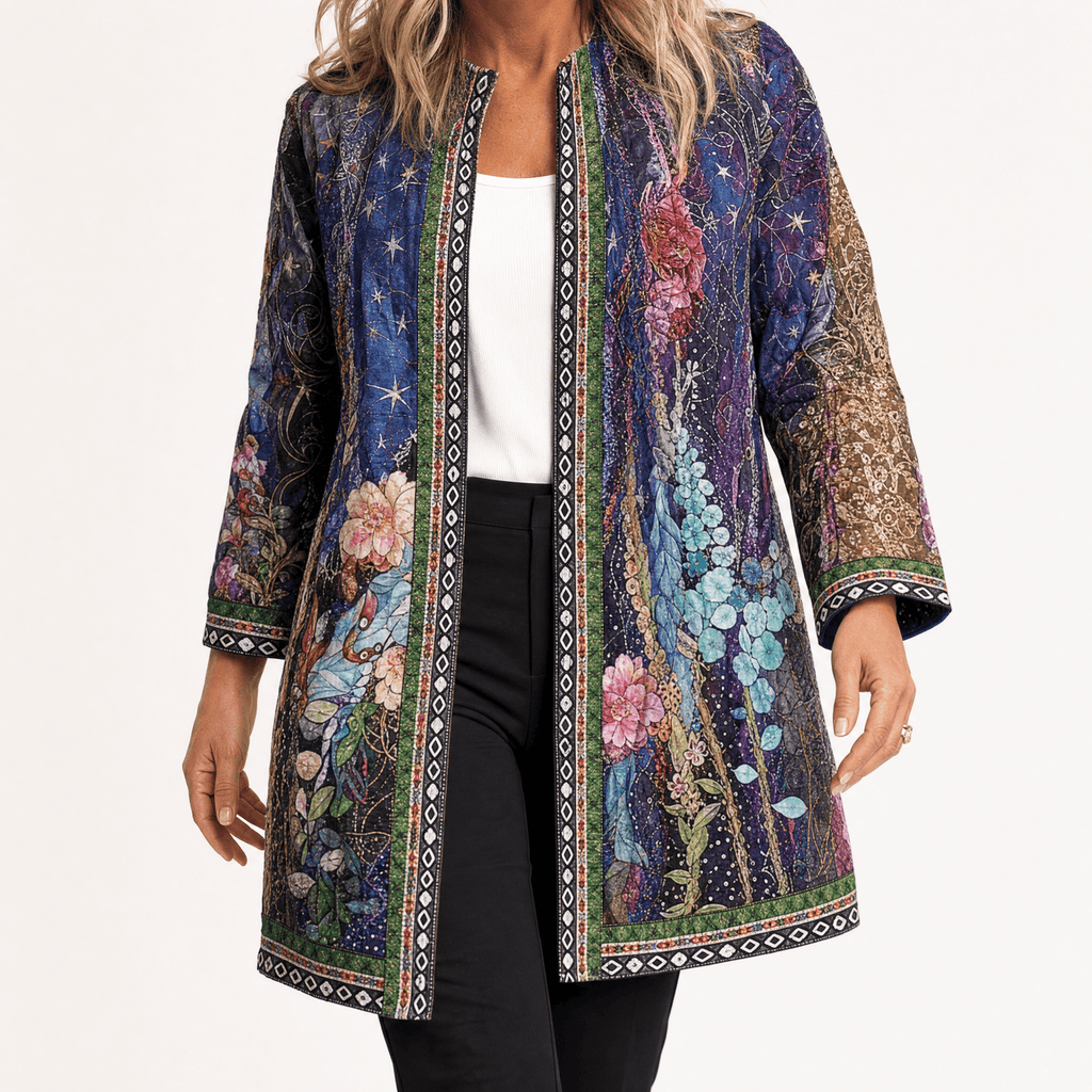 Patterned Open-Front Jacket with Embellished Trim for Women