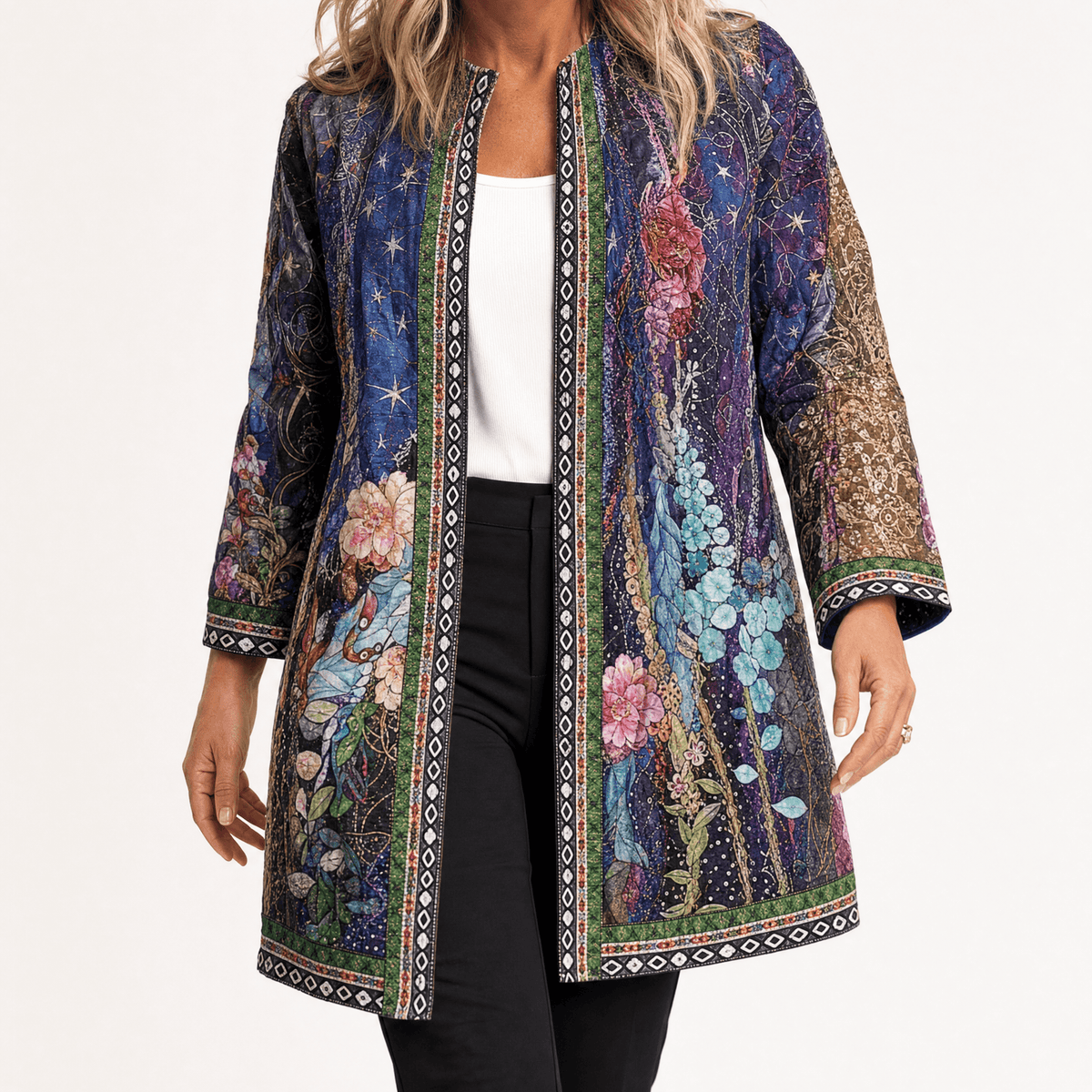 Patterned Open-Front Jacket with Embellished Trim for Women
